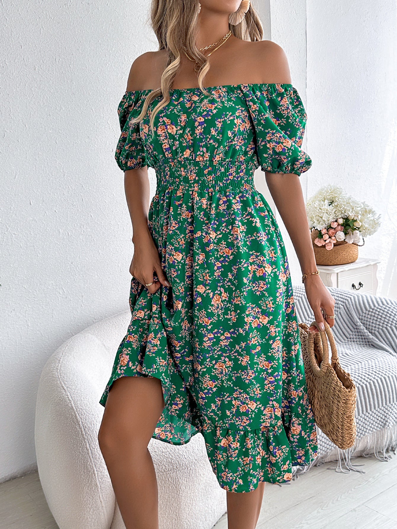 Floral Print Square Collar Dress Summer Fashion Ruffles Dresses Women&