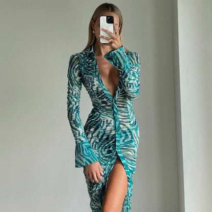Printed Long Sleeve V-neck Button Down Cardigan Dress Limorista