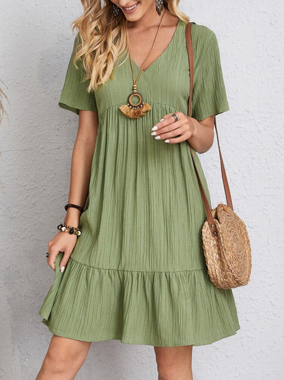V-neck Short Sleeve Dress Summer Fashion Casual Loose Ruffled Dresses Beach Clothing Women Limorista