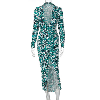 Printed Long Sleeve V-neck Button Down Cardigan Dress Limorista