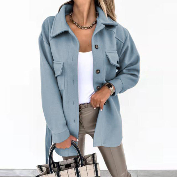 Long-sleeved Temperament Solid Color Lapel Button Lace Woolen Coat Limorista