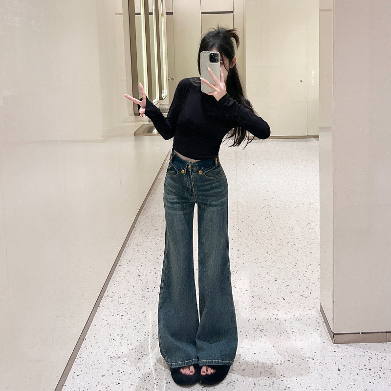Retro Blue Flared Straight Jeans For Women Autumn And Winter Slimming Pear-shaped Body Pants Limorista