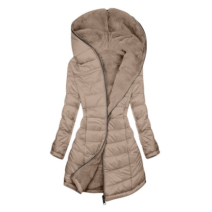 European And American Zipper Outer Wear Hooded Warm Fleece-lined Mid-length Winter Women&