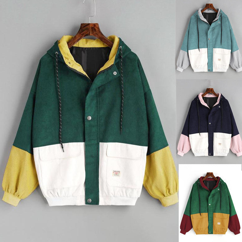 Korean version of college wind student BF loose color matching hooded baseball uniform corduroy tooling jacket female Limorista