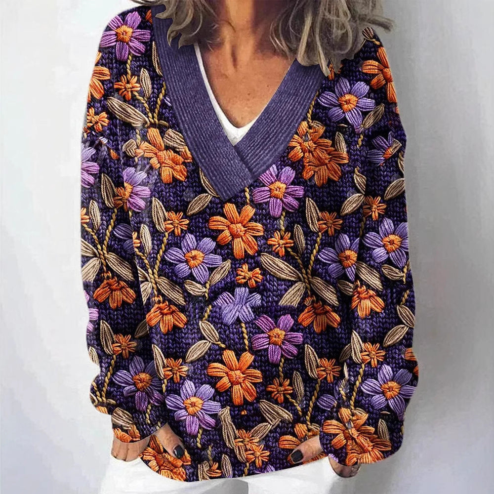 Limorista - Autumn And Winter Fashion Trends Vintage Floral V-neck Sweater