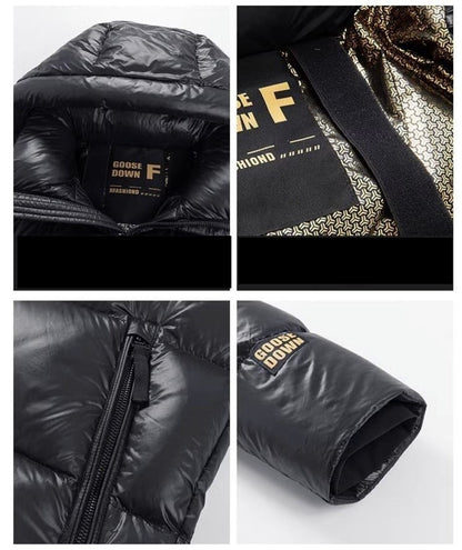 Black Gold White Goose Down Mid-length Elegant Hooded Windproof Overknee Thickened Warm Down Jacket Limorista