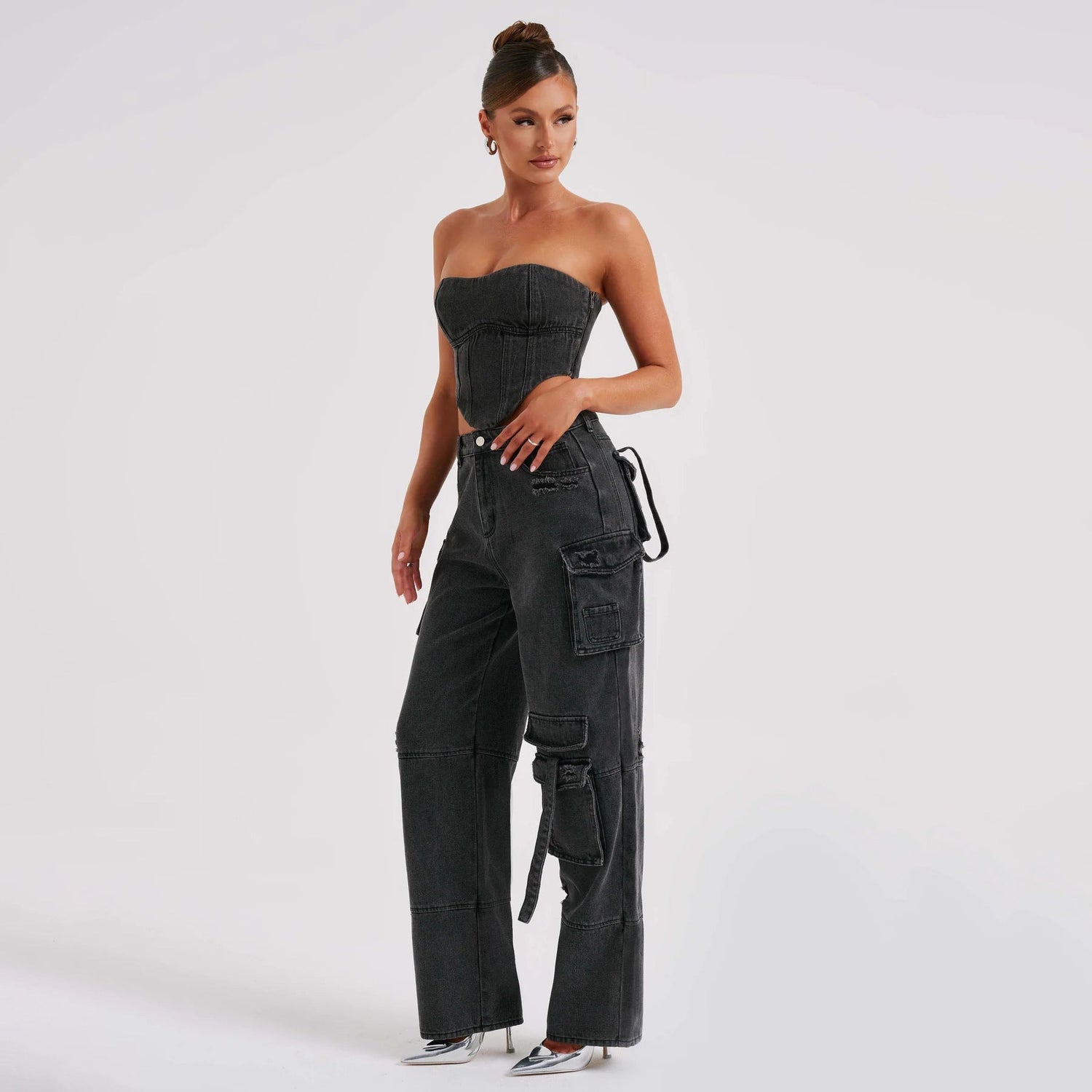 2Pcs Denim Suits Summer Sexy Backless Tube Top And Multi-pocket Straight Trousers Fashion Long Pants Suit Womens Clothing Limorista