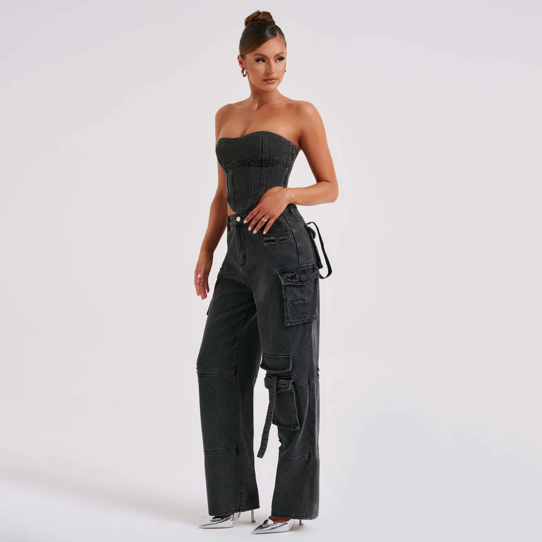 2Pcs Denim Suits Summer Sexy Backless Tube Top And Multi-pocket Straight Trousers Fashion Long Pants Suit Womens Clothing Limorista