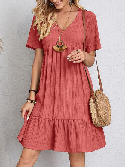 V-neck Short Sleeve Dress Summer Fashion Casual Loose Ruffled Dresses Beach Clothing Women Limorista