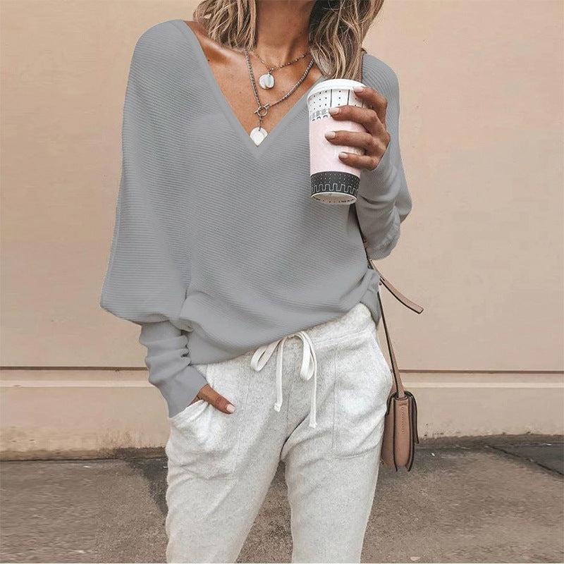 Solid Color And V-neck Batwing Sleeve Long Sleeve T-shirt Top For Women Limorista