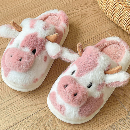 Cute Cartoon Cow Plush Slippers Winter Warm Indoor Bedroom Floor Fuzzy Slipper Couple Non-slip House Shoes Limorista
