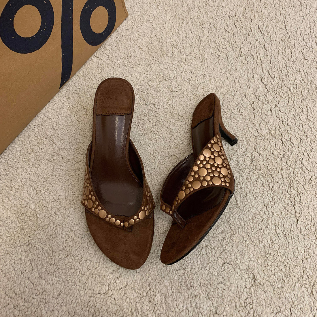 Retro Rivet Suede Stiletto Heel Flip-flops Women&
