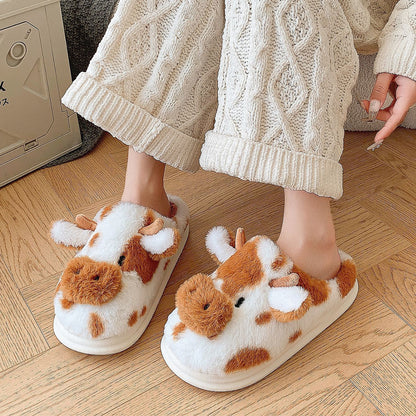 Cute Cartoon Cow Plush Slippers Winter Warm Indoor Bedroom Floor Fuzzy Slipper Couple Non-slip House Shoes Limorista