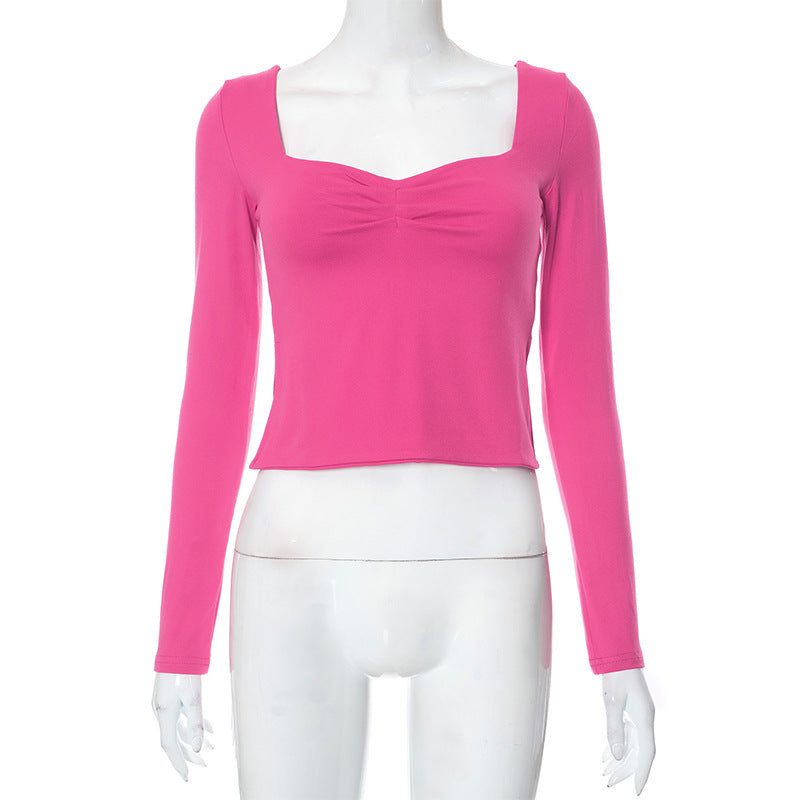 Autumn Ins New Solid Color Square Collar Long Sleeve Pleated Side Slit Top T-shirt For Women Limorista