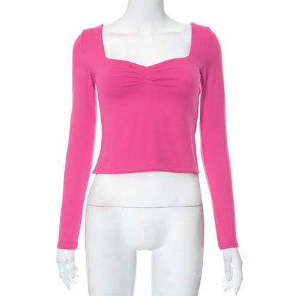 Autumn Ins New Solid Color Square Collar Long Sleeve Pleated Side Slit Top T-shirt For Women Limorista