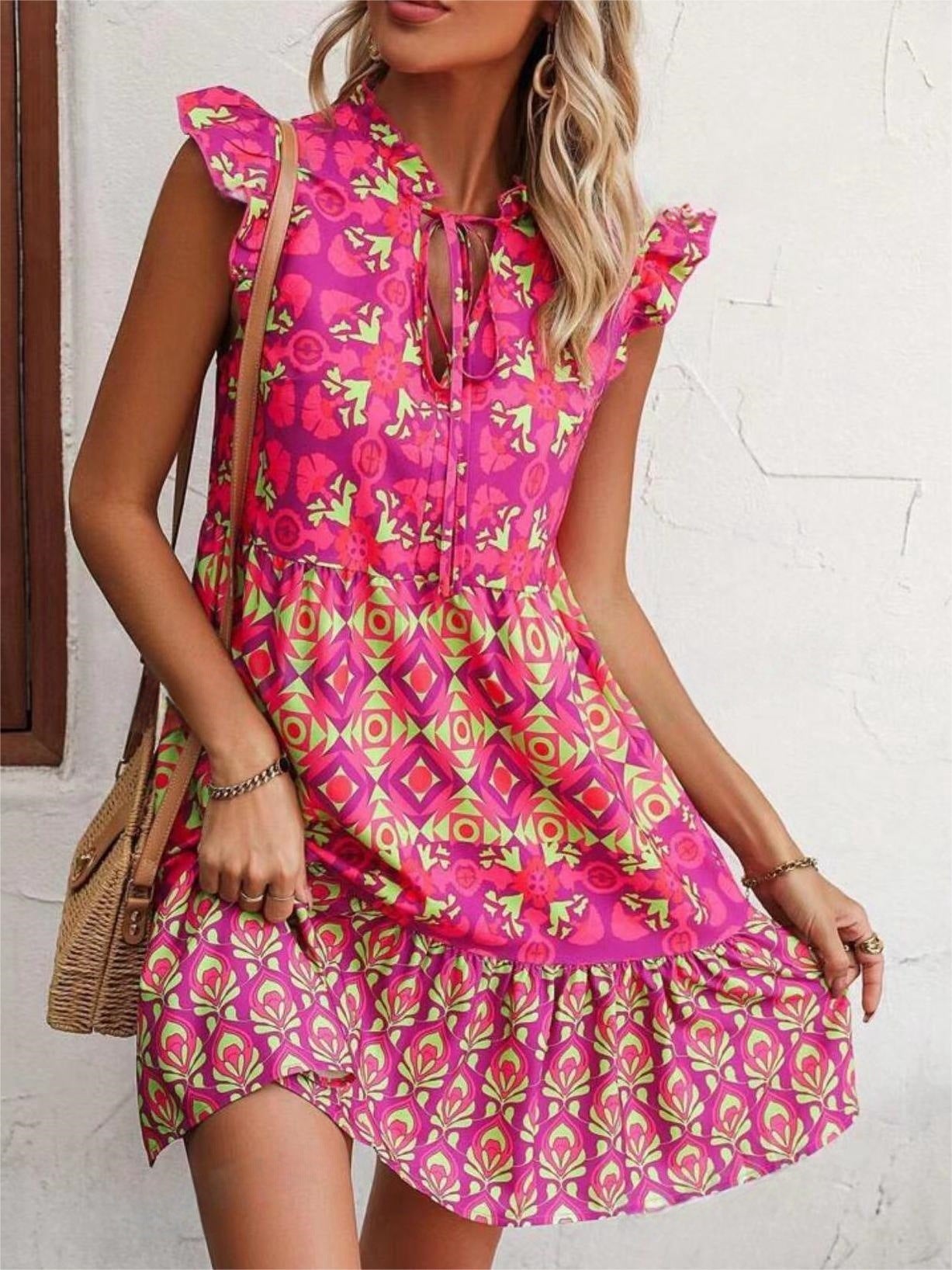 Printed Sleeveless Dress Summer Fashion V-Neck Lace-up Straight Dresses For Womens Clothing Limorista