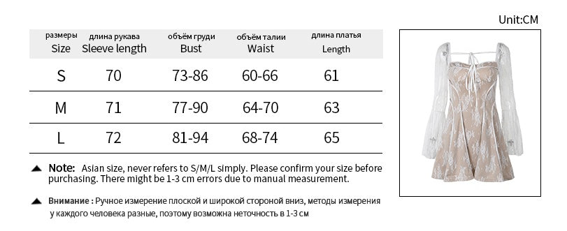 Lace Square Collar Dress Bell-bottom Long Sleeve Tied A- Line Dresses Womens Clothing Limorista