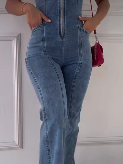 Sleeveless Paneled Zipper Denim Jumpsuit Limorista