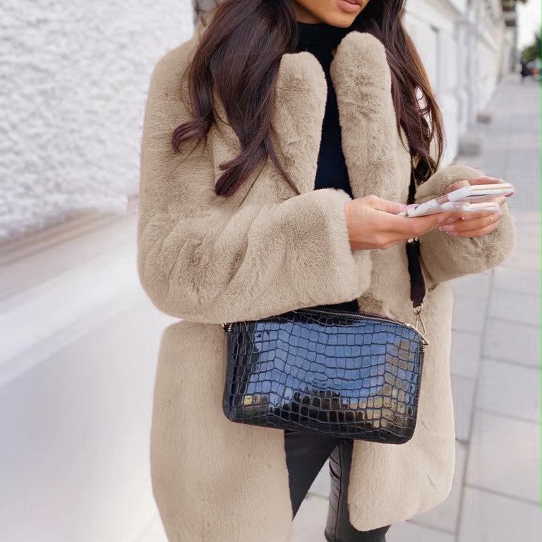 Temperament Long Sleeve Lapel Faux Fur Coat Solid Color Coat Women Fur Fur Women&