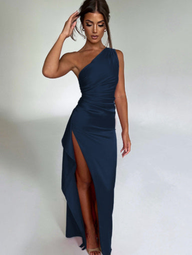 Sexy One-shoulder Backless Slit Dress Summer Elegant Slim-fit Solid Color Satin Dresses For Women Limorista