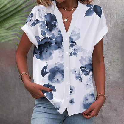 Casual Stand Collar Short Sleeve Regular Cardigan Digital Printing Top Shirt Limorista
