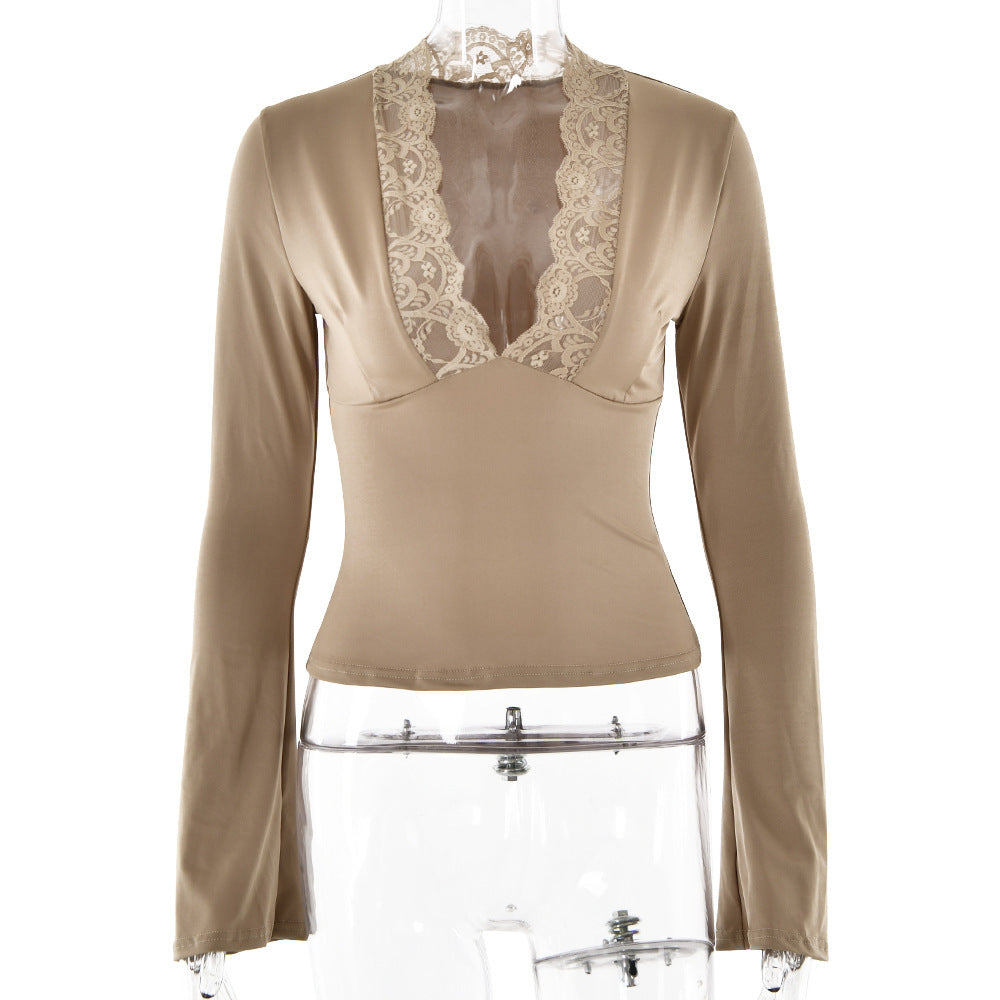 Bottoming Shirt Long Sleeve Slim Fit V-neck Stitching Lace Lace-collared Blouse Limorista