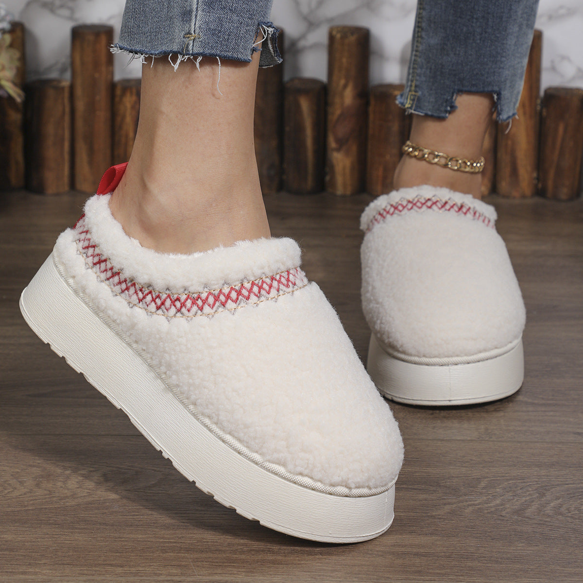 New Ethnic Style Sewing-edge Plush Slippers Winter Indoor Floor Thick-soled Slipper Fashion Outdoor Warm Garden Shoes Limorista