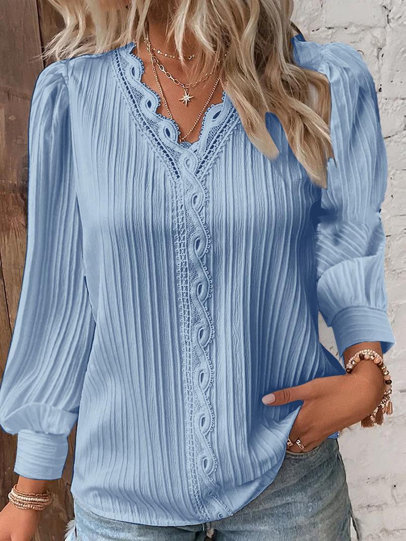 Long Sleeve V-neck Lace Patchwork Shirt Limorista