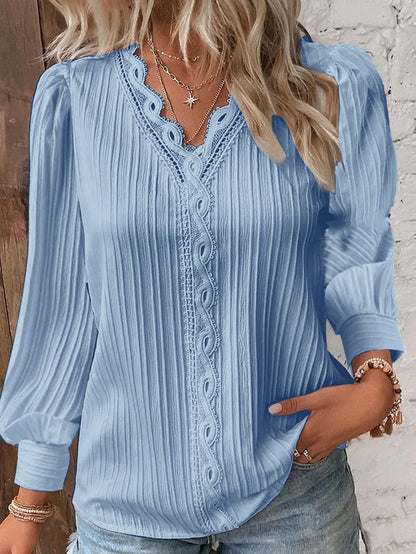 Long Sleeve V-neck Lace Patchwork Shirt Limorista