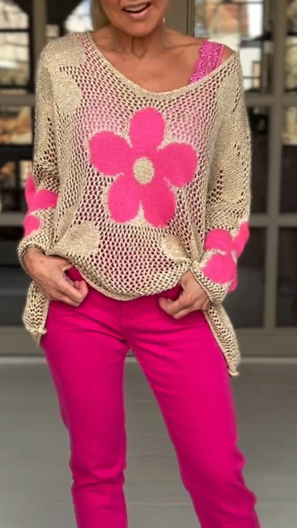 Floral Knitted Hollow Out V-neck Shirt Limorista