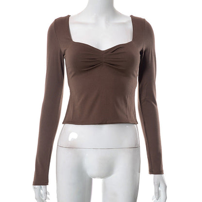 Autumn Ins New Solid Color Square Collar Long Sleeve Pleated Side Slit Top T-shirt For Women Limorista