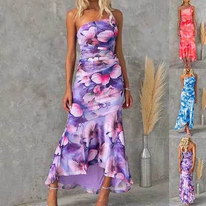 Flowers Print One-shoulder Dress Summer INS Casual Suspender Long Dresses Womens Clothing Limorista
