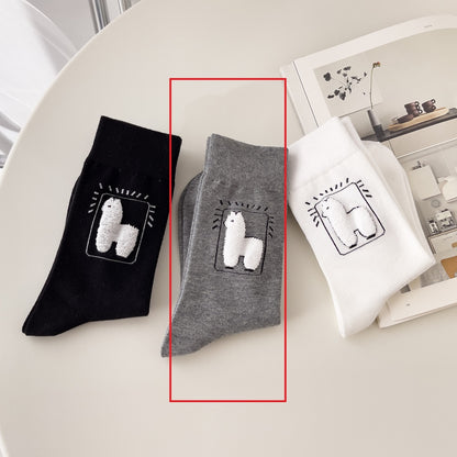 Spring And Autumn Tube Socks Cute Cartoon Black White Gray Alpaca Socks Limorista
