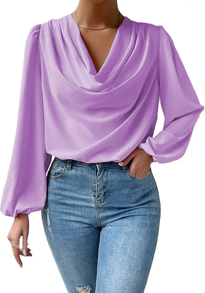 European And American Summer Chiffon Long-sleeved Shirt Loose Draped V-neck Top Limorista
