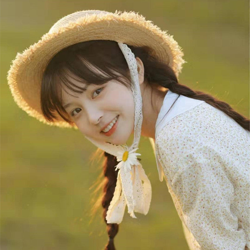 Cute Raffia Woven Flat-top Cap Lace Limorista