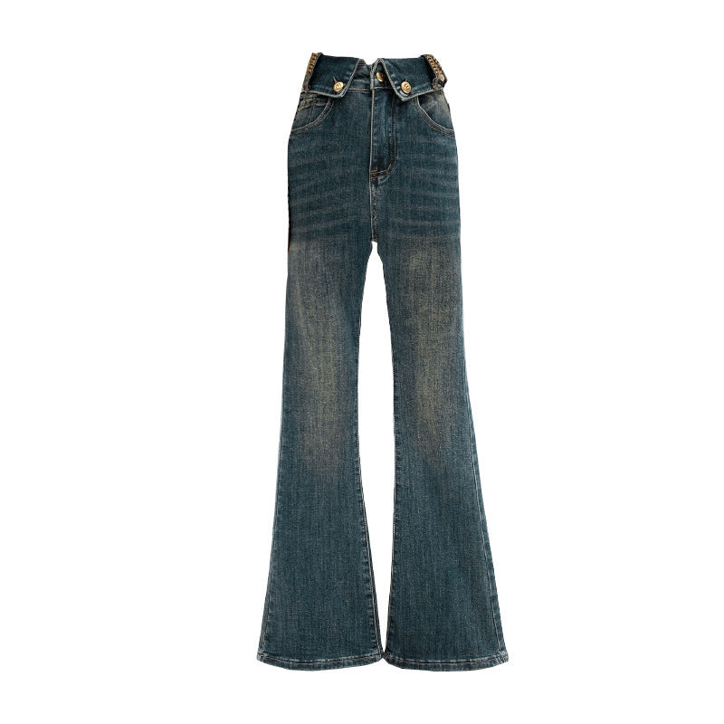 Retro Blue Flared Straight Jeans For Women Autumn And Winter Slimming Pear-shaped Body Pants Limorista