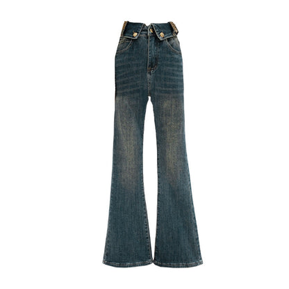 Retro Blue Flared Straight Jeans For Women Autumn And Winter Slimming Pear-shaped Body Pants Limorista