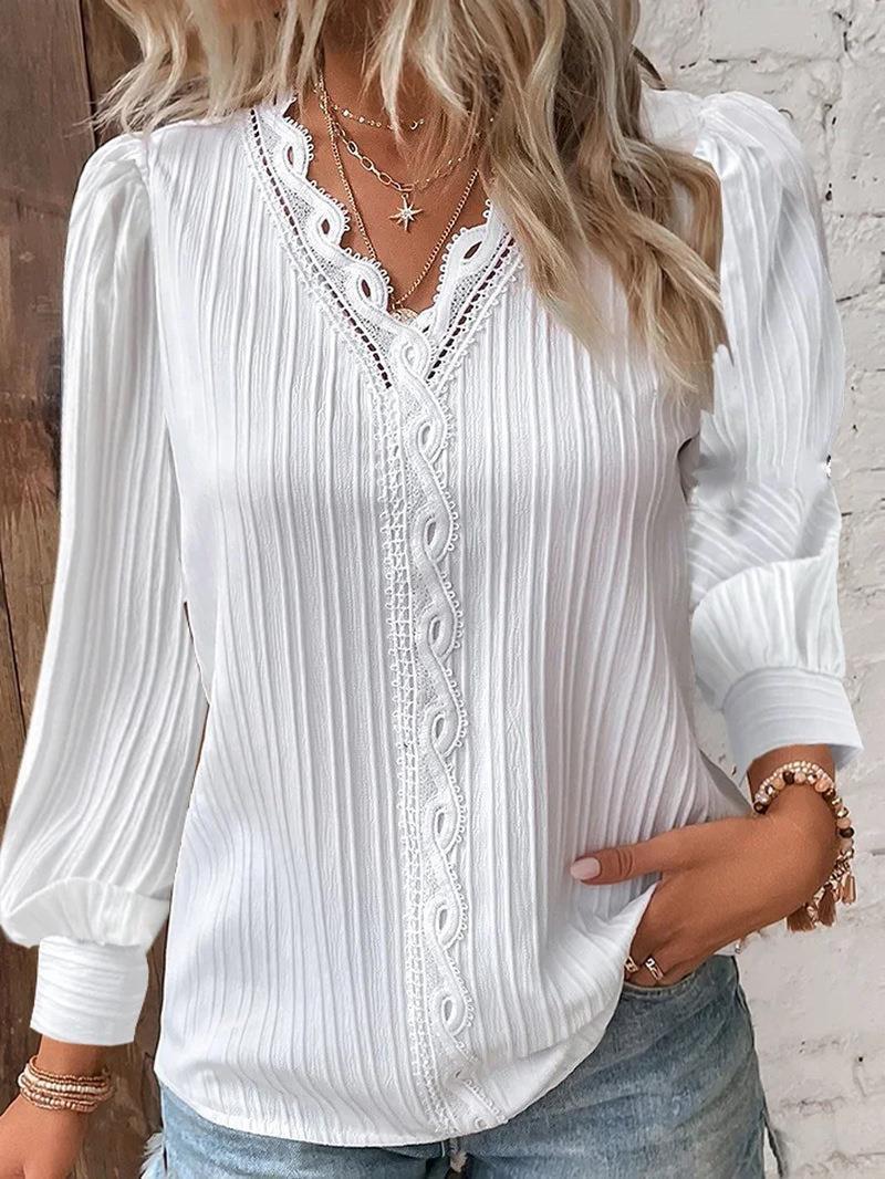 Long Sleeve V-neck Lace Patchwork Shirt Limorista