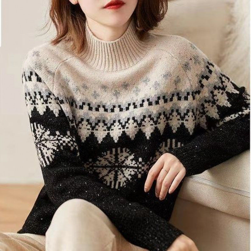 Autumn And Winter Spring New Half Turtleneck Knitted Snowflake Retro Loose Sweater Limorista