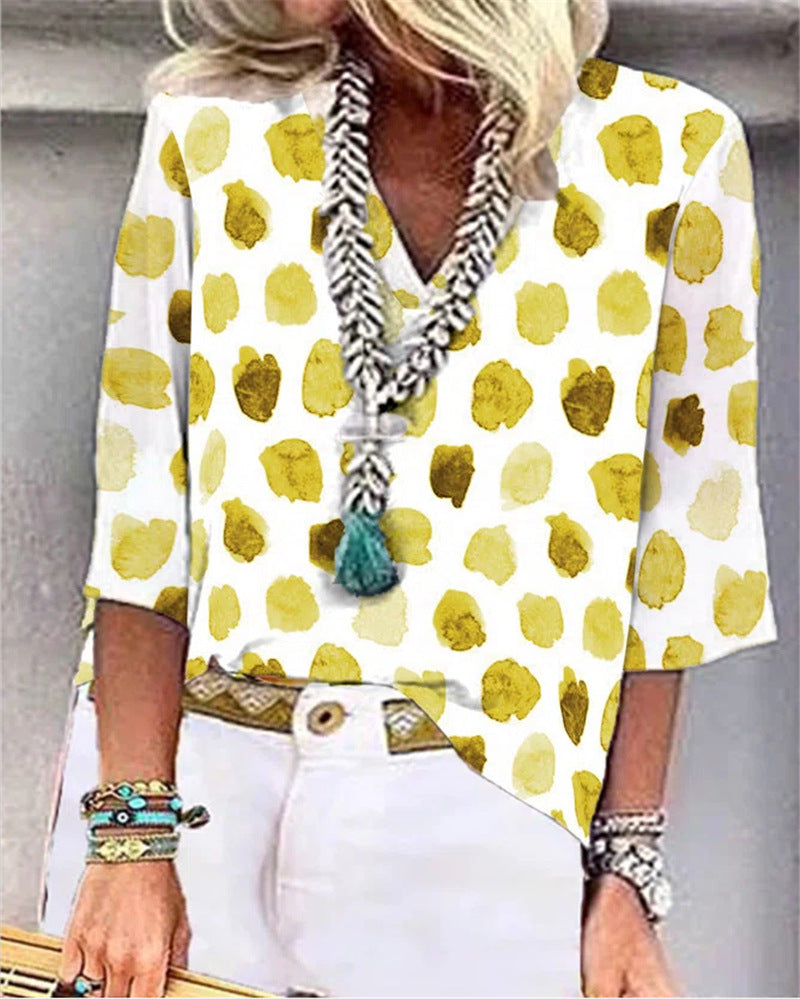 V-Neck Dot Print Loose Casual Shirt Top Limorista