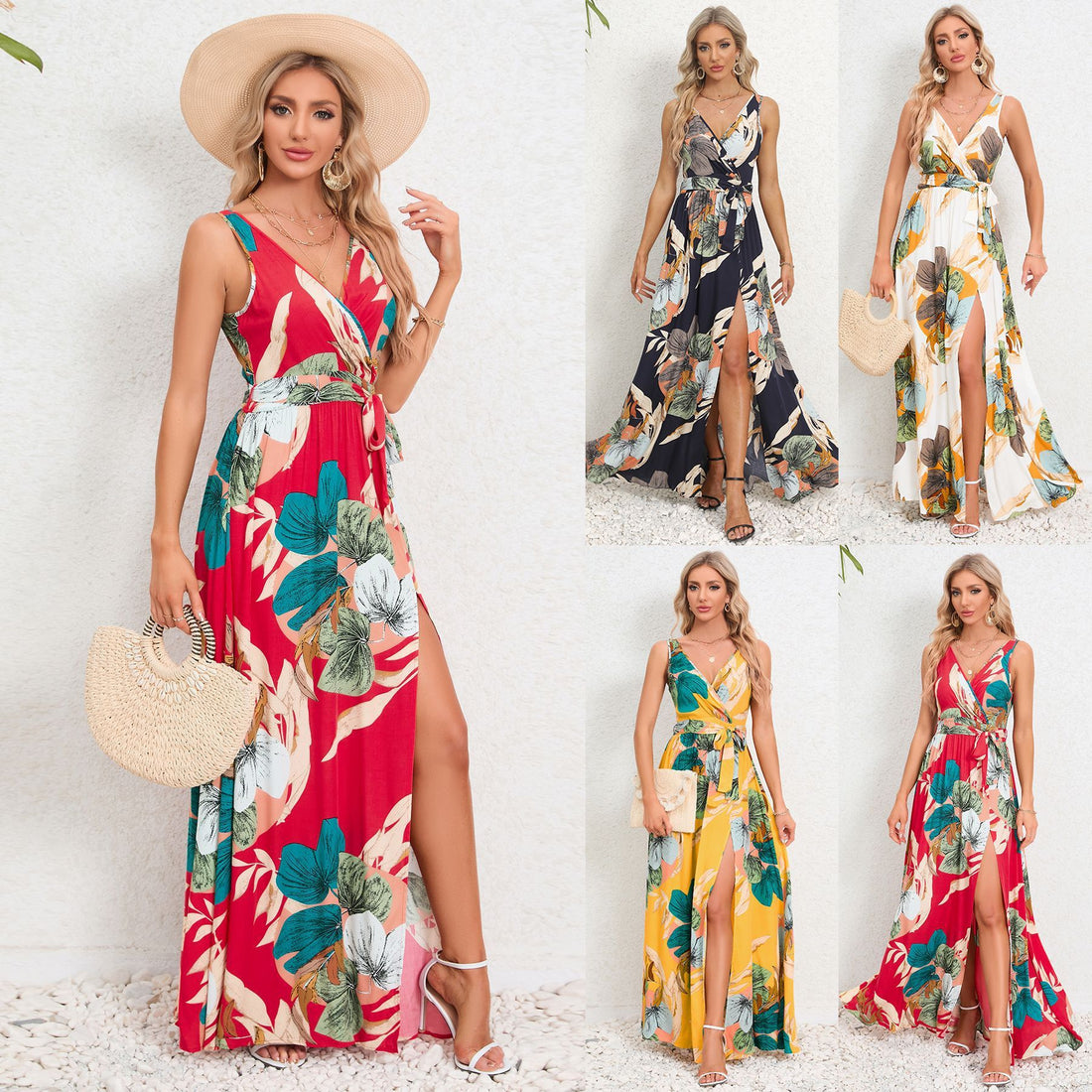 V-neck Floral Print Long Dress Summer Fashion Waist Tie Slit Design Sleeveless Dress For Womens Clothing Limorista