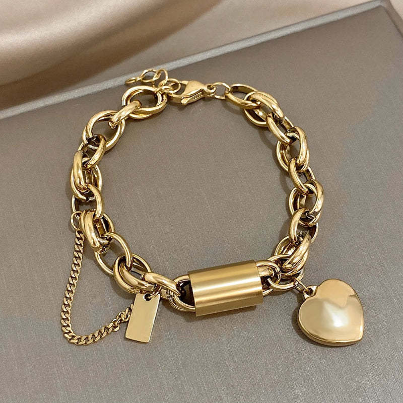 New Stainless Steel Peach Heart Cuban Link Chain Bracelet Suit Limorista