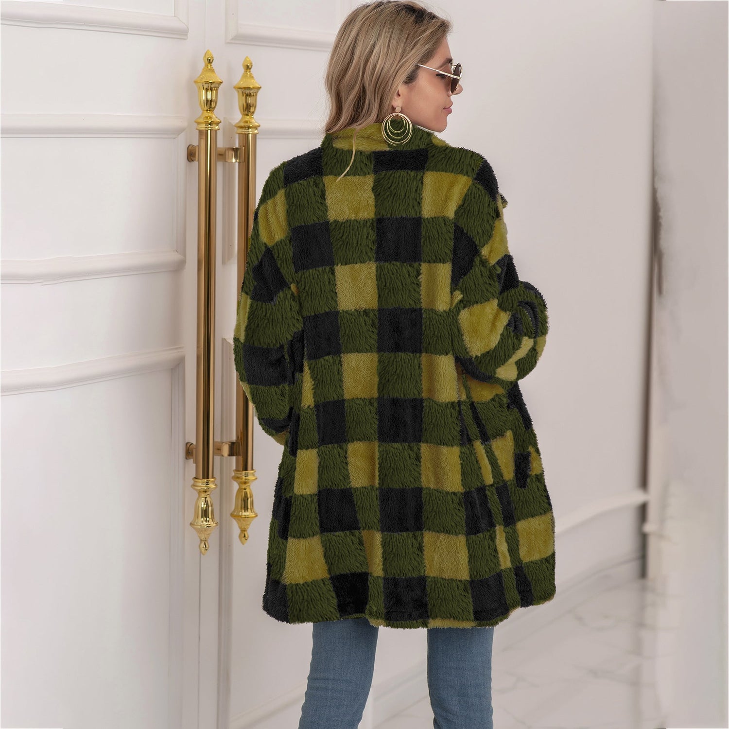 Colorblock Plaid Fleece Jacket Fashion Single Breasted Long Jacket Women&