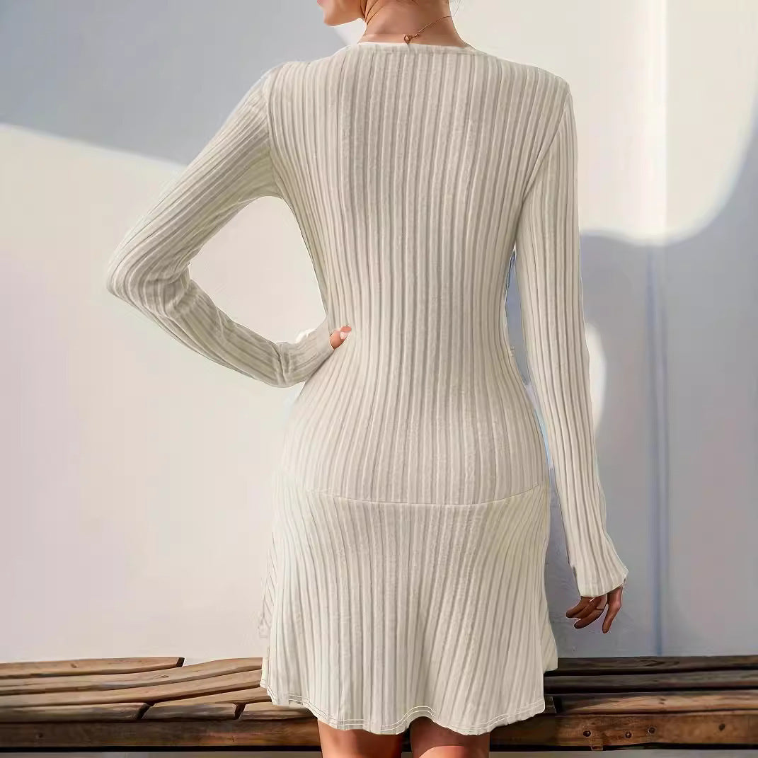 Fashion Solid Color Waist Tight Long Sleeve Dress Limorista