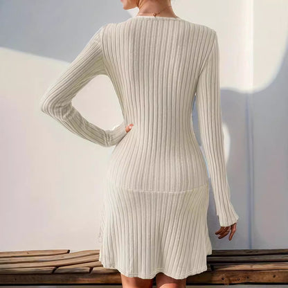 Fashion Solid Color Waist Tight Long Sleeve Dress Limorista