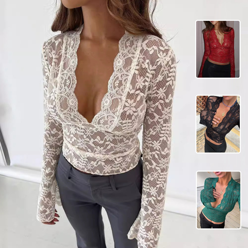 Limorista - Flowers Lace Long Sleeve Top Y2K Fashion Slim Bottoming Shirt Top Women&