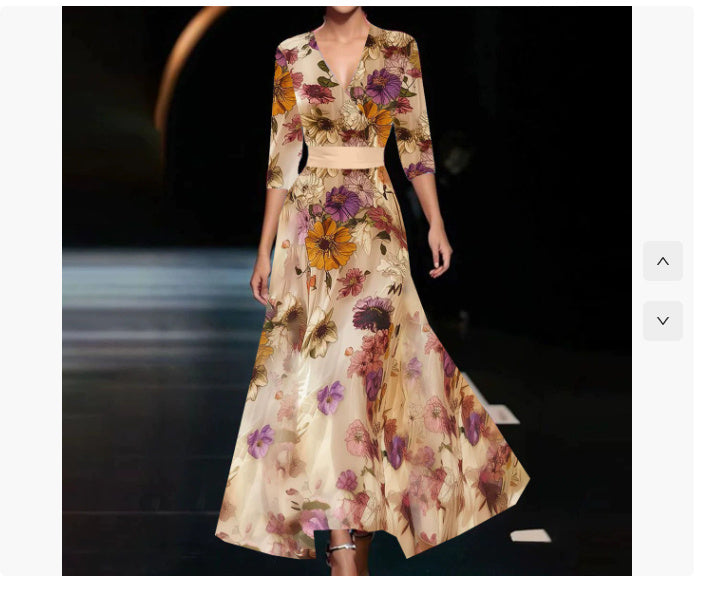 Summer V-neck Split Short-sleeved Dress Fashion Flower Print A-line Long Dresses Party Club Beach Clothing For Women Limorista