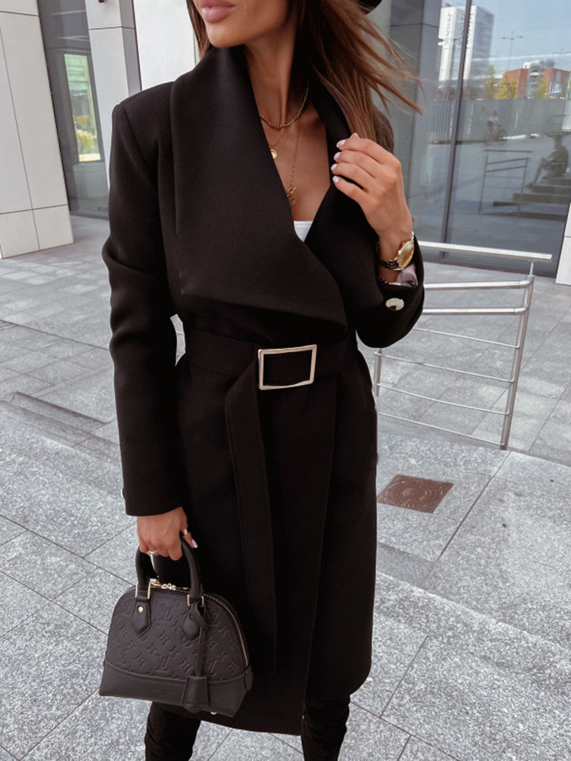 Autumn And Winter Simplicity Long Sleeve Button V-neck Lace Up Woolen Coat Women&
