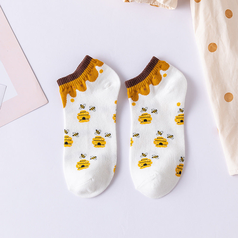 Cartoon Little Bee Boat Socks Pure Female Embroidery Combed Cotton Socks Limorista