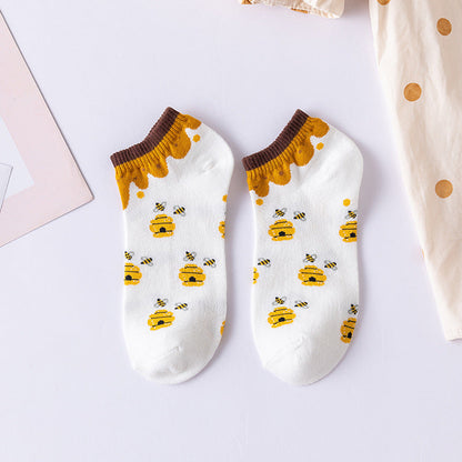 Cartoon Little Bee Boat Socks Pure Female Embroidery Combed Cotton Socks Limorista